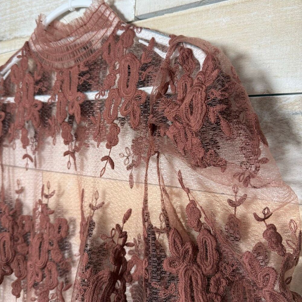 Haute Monde Sheer Brown Embroidered Puff Sleeve Mock Neck Top Size Medium - Picture 3 of 8